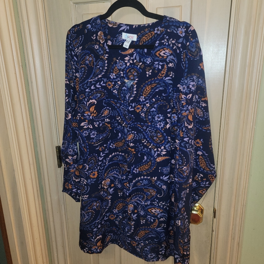 Womens Plus Sz 2X Denim And Company Shirt Navy Blue Print Long Sleeves